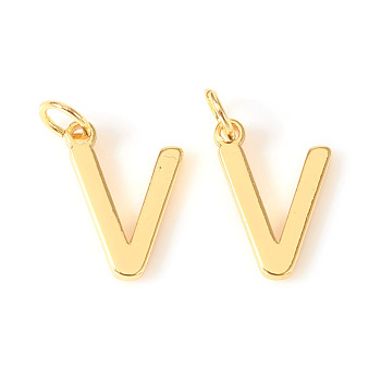 Brass Charms, with Jump Rings, Letter, Real 18K Gold Plated, Letter.V, V: 10.5x7x1mm, Hole: 2.5mm