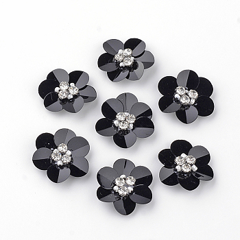 Handmade Paillette Ornament Accessories, with Rhinestones and Fabrics Pads, Flower, Black, 24~25x22~23x7mm