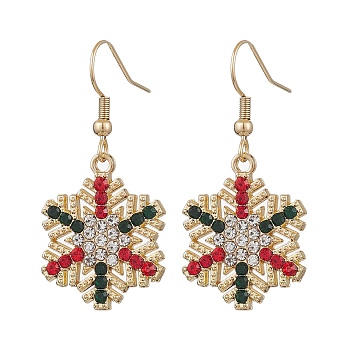 Christmas Alloy Rhinestone Dangle Earrings, with 304 Stainless Steel Earring Hooks, Snowflake, Golden, 38.5x19.5mm