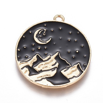Alloy Pendants, with Enamel, Flat Round with Mountain, Light Gold, Black, 26x24x1.5mm, Hole: 1.8mm