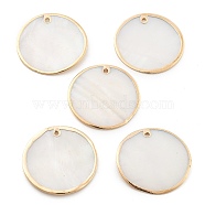 Natural Shell Pendants, Disc Charms with Golden Edge, Floral White, 29.5~30x1~2mm, Hole: 1.6~1.8mm(SHEL-Z002-03)