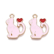 Alloy Enamel Pendants, Lead Free & Cadmium Free, Cat with Heart Charm, Golden, Pearl Pink, 21x14.5x1mm, Hole: 1.6mm(ENAM-T020-59C)