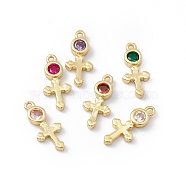 Brass Micro Pave Cubic Zirconia Pendants, Real 18K Gold Plated, Cross, Mixed Color, 12x5.5x1.5mm, Hole: 0.9mm(X-ZIRC-H124-05G)