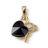 Real 18K Gold Plated Rack Plating Brass Micro Pave Clear Cubic Zirconia Pendants, with Glass, Long-Lasting Plated, Cadmium Free & Lead Free, Flamingo with Heart Charm, Black, 24x19x8mm, Hole: 3.5x5mm(KK-C015-33G-04)