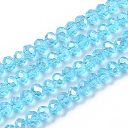 Electroplate Glass Beads Strands, AB Color Plated, Faceted, Rondelle, Cyan, 4x3mm, Hole: 0.4mm, about 123~127pcs/strand, 16.5~16.9 inch(42~43cm)(X-EGLA-A034-T4mm-B14)