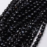 Natural Black Striped Agate/Banded Agate Beads Strands, Faceted, Dyed, Round, Black, 6mm, Hole: 1mm, about 62pcs/strand, 15 inch(X-G-G581-6mm-03)