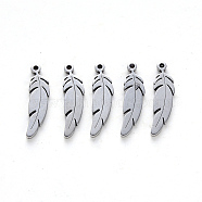 201 Stainless Steel Pendants, Laser Cut, Feather, Stainless Steel Color, 17x4.5x1mm, Hole: 1mm(X-STAS-N092-13)