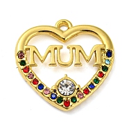Ion Plating(IP) Real 18K Gold Plated 304 Stainless Steel Rhinestone Pendants, Heart with Word Mum Charms, for Mother's Day, Colorful, 19x19x3mm, Hole: 1.5mm(STAS-P341-08G-02)