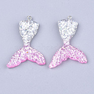Resin Pendants, with Glitter Powder and Iron Findings, Mermaid Tail Shape, Platinum, Colorful, 46x30x6mm, Hole: 2mm(CRES-T010-68Q)