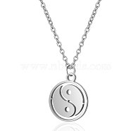 201 Stainless Steel Pendants Necklaces, with Cable Chains, Flat Round with Tai Ji, Stainless Steel Color, 16.3 inch(40cm), 1mm(NJEW-S069-TN056-1)