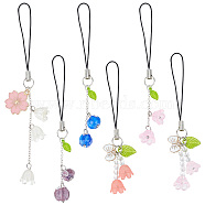 Lily of the Valley Acrylic Mobile Straps, with Alloy Enamel Charms and Polyester Cord Mobile Accessories Decoration, Mixed Color, 9.8~12.5cm, 6pcs/set(HJEW-AB00627)