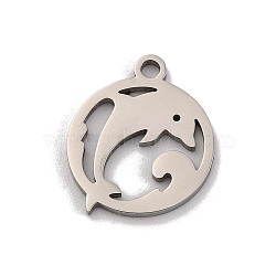 Non-Tarnish 201 Stainless Steel Charms, Laser Cut, Flat Round with Sea Animals Charm, Stainless Steel Color, Dolphin, 14x12x1mm, Hole: 1.5mm(STAS-U016-06P-01)