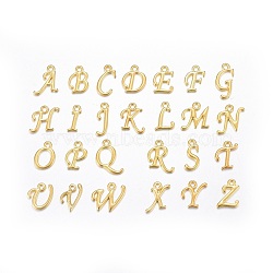 Alloy Letter Pendants, Rack Plating, Letter A~Z, Golden, 12~17x4~15x2mm, Hole: 1.5mm, 26letters, 1pc/letter, 26pcs/set(PALLOY-X0037-68G)