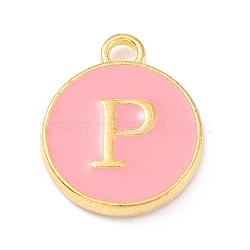 Golden Plated Alloy Enamel Charms, Enamelled Sequins, Flat Round with Alphabet, Letter.P, Pink, 14x12x2mm, Hole: 1.5mm(X-ENAM-Q437-14P)