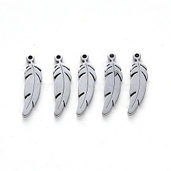 304 Stainless Steel Pendants, Laser Cut, Feather, Stainless Steel Color, 17x4.5x1mm, Hole: 1mm(X-STAS-N092-13)