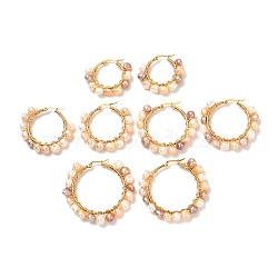 4 Pairs Vintage Natural Pearl Beads Earrings for Girl Women, 304 Stainless Steel Hoop Earrings, Golden, White, 32~49.5x36~52x7.5~8mm, Pin: 0.8mm(EJEW-JE04643)