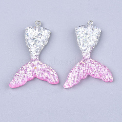 Resin Pendants, with Glitter Powder and Iron Findings, Mermaid Tail Shape, Platinum, Colorful, 46x30x6mm, Hole: 2mm(CRES-T010-68Q)