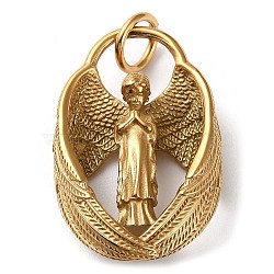 Ion Plating(IP) 304 Stainless Steel Pendants, with Jump Ring, Praying Angel Charm, Antique Golden, 38x25.5x9mm, Hole: 6.5mm(STAS-D067-05G)