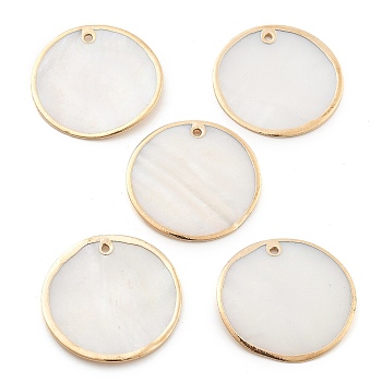 Natural Shell Pendants, Disc Charms with Golden Edge, Floral White, 29.5~30x1~2mm, Hole: 1.6~1.8mm