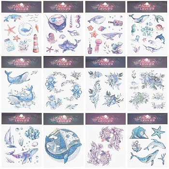 12 Sheets 12 Style Ocean Theme Cool Sexy Body Art Removable Temporary Tattoos Paper Stickers, Mixed Patterns, 15x10.5x0.03cm, 1 sheet/style
