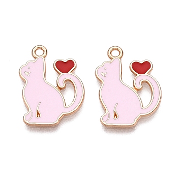 Alloy Enamel Pendants, Lead Free & Cadmium Free, Cat with Heart Charm, Golden, Pearl Pink, 21x14.5x1mm, Hole: 1.6mm