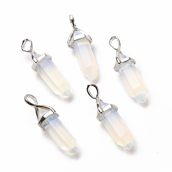 Opalite Pendants, Faceted, with Platinum Tone Brass Findings, Lead free & Cadmium Free, Bullet, 27~30x9~10x7~8mm, Hole: 4x3mm