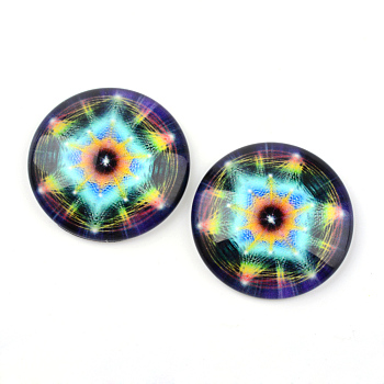 Glass Cabochons, Half Round/Dome, Kaleidoscope Pattern, Olive Drab, 12x4mm