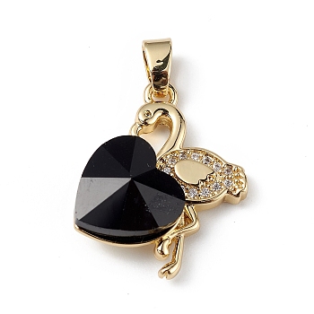 Real 18K Gold Plated Rack Plating Brass Micro Pave Clear Cubic Zirconia Pendants, with Glass, Long-Lasting Plated, Cadmium Free & Lead Free, Flamingo with Heart Charm, Black, 24x19x8mm, Hole: 3.5x5mm