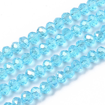 Electroplate Glass Beads Strands, AB Color Plated, Faceted, Rondelle, Cyan, 4x3mm, Hole: 0.4mm, about 123~127pcs/strand, 16.5~16.9 inch(42~43cm)