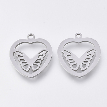 201 Stainless Steel Pendants, Laser Cut Pendants, Heart with Butterfly, Stainless Steel Color, 18x16x1mm, Hole: 1.4mm
