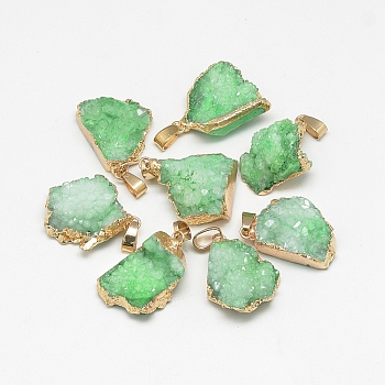 Natural Druzy Agate Pendants, Druzy Trimmed Stone, Dyed, Nuggets, Light Green, 23~40x13~30x7~20mm, Hole: 3x6mm