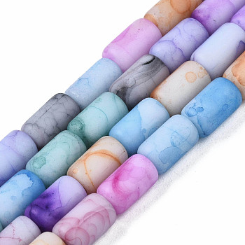 Opaque Baking Painted Crackle Glass Beads Strands, Frosted, Column, Colorful, 7.5x4.5mm, Hole: 1mm, about 49pcs/strand, 18.31 inch(46.5cm)