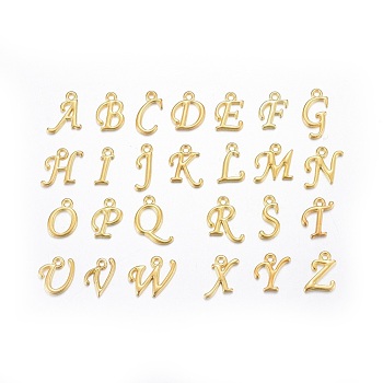 Alloy Letter Pendants, Rack Plating, Letter A~Z, Golden, 12~17x4~15x2mm, Hole: 1.5mm, 26letters, 1pc/letter, 26pcs/set