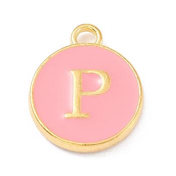 Golden Plated Alloy Enamel Charms, Enamelled Sequins, Flat Round with Alphabet, Letter.P, Pink, 14x12x2mm, Hole: 1.5mm