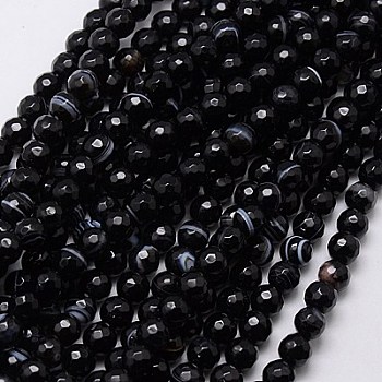 Natural Black Striped Agate/Banded Agate Beads Strands, Faceted, Dyed, Round, Black, 6mm, Hole: 1mm, about 62pcs/strand, 15 inch