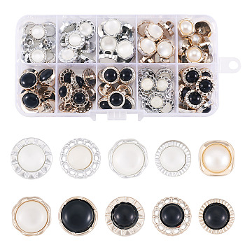 100Pcs 10 Styles 1-Hole Opaque Resin Shank Buttons, with Plastic, Flat Round & Flower, Mixed Color, 11.5~13x11.5~13x8.5~10.5mm, Hole: 2.5~4mm, 10pcs/style