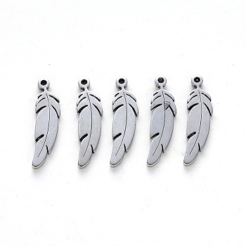 201 Stainless Steel Pendants, Laser Cut, Feather, Stainless Steel Color, 17x4.5x1mm, Hole: 1mm