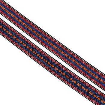 Ethnic Style Embroidery Flat Polyester Elastic Rubber Cord/Band, Webbing Garment Sewing Accessories, Rhombus Pattern, Orange, 25mm