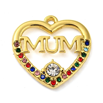 Ion Plating(IP) Real 18K Gold Plated 304 Stainless Steel Rhinestone Pendants, Heart with Word Mum Charms, for Mother's Day, Colorful, 19x19x3mm, Hole: 1.5mm