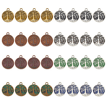 Elite 32Pcs 8 Colors Alloy Pendants, with Enamel, Tree of Life Charms, Flat Round, Mixed Color, 24x20x1mm, Hole: 3mm, 4pcs/color