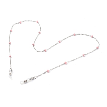 304 Stainless Steel Cable Chain Necklaces, with Enamel Beads, EyeGlass Chains, Stainless Steel Color, Pink, 27.95 inch(71cm)