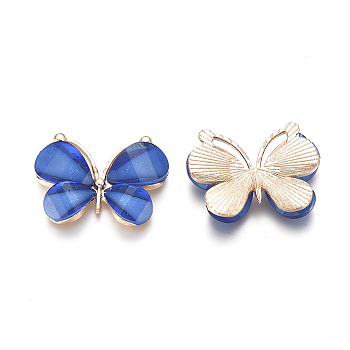 Light Gold Plated Alloy Glass Pendants, Butterfly, Royal Blue, 21.8x28x4.5mm, Hole: 1.5x10mm