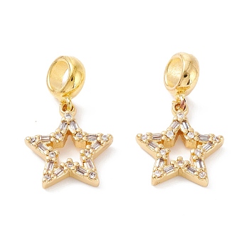 Brass Cubic Zirconia European Dangle Charms, Largr Hole Pendants, Long-Lasting Plated, Real 18K Gold Plated, Star, Clear, 25mm, Hole: 5mm, Pendant: 17x15x2.5mm