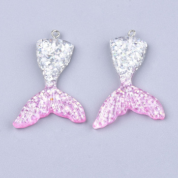 Resin Pendants, with Glitter Powder and Iron Findings, Mermaid Tail Shape, Platinum, Colorful, 46x30x6mm, Hole: 2mm