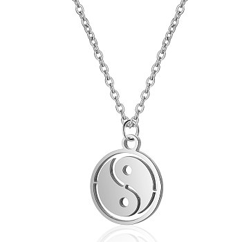 201 Stainless Steel Pendants Necklaces, with Cable Chains, Flat Round with Tai Ji, Stainless Steel Color, 16.3 inch(40cm), 1mm