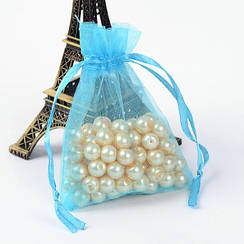 Organza Gift Bags with Drawstring, Jewelry Pouches, Wedding Party Christmas Favor Gift Bags, Deep Sky Blue, 9x7cm