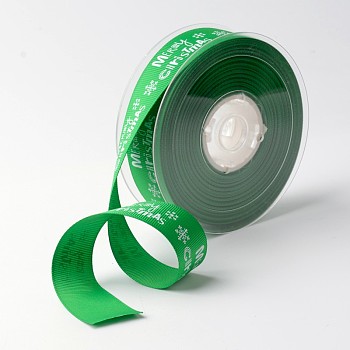 Merry Christmas with Snowflake Polyester Grosgrain Ribbon for Christmas, Green, 1 inch(25mm), about 100yards/roll(91.44m/roll)