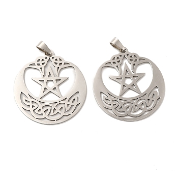 201 Stainless Steel Pendants, Hollow, Flat Round with Trinity Knot & Star Charm, Stainless Steel Color, 35x32x1mm, Hole: 6.5x3mm