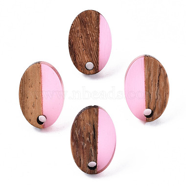 Stainless Steel Color Pearl Pink Oval Resin+Wood Stud Earring Findings