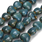 Vintage Handmade Porcelain Beads Strands, Fancy Antique Glazed Porcelain, Heart, Dark Cyan, 15x16x9.5~10mm, Hole: 1.8~2mm, about 25pcs/strand, 14.57''(37cm)(PR-CBA9CFF-09)
